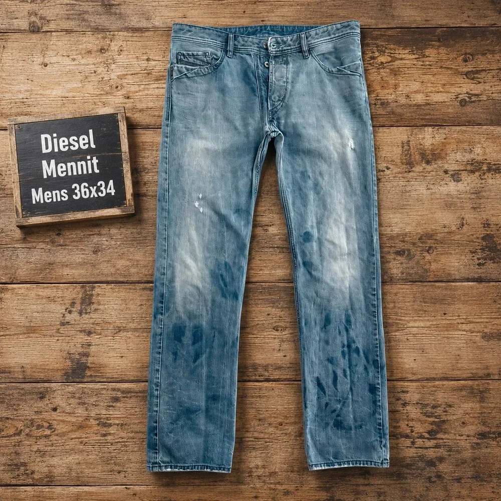 Diesel Mennit Mens 36x34 Regular Straight Jeans Blue Wash 0880F Distressed Denim
